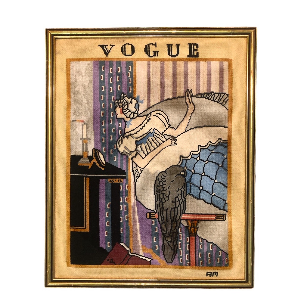 Vintage VOGUE Cross stitched hanging art.